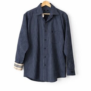 Burberry London Mens XL Black Blue Stripe Shirt Nova Check Cuff 100% Cotton